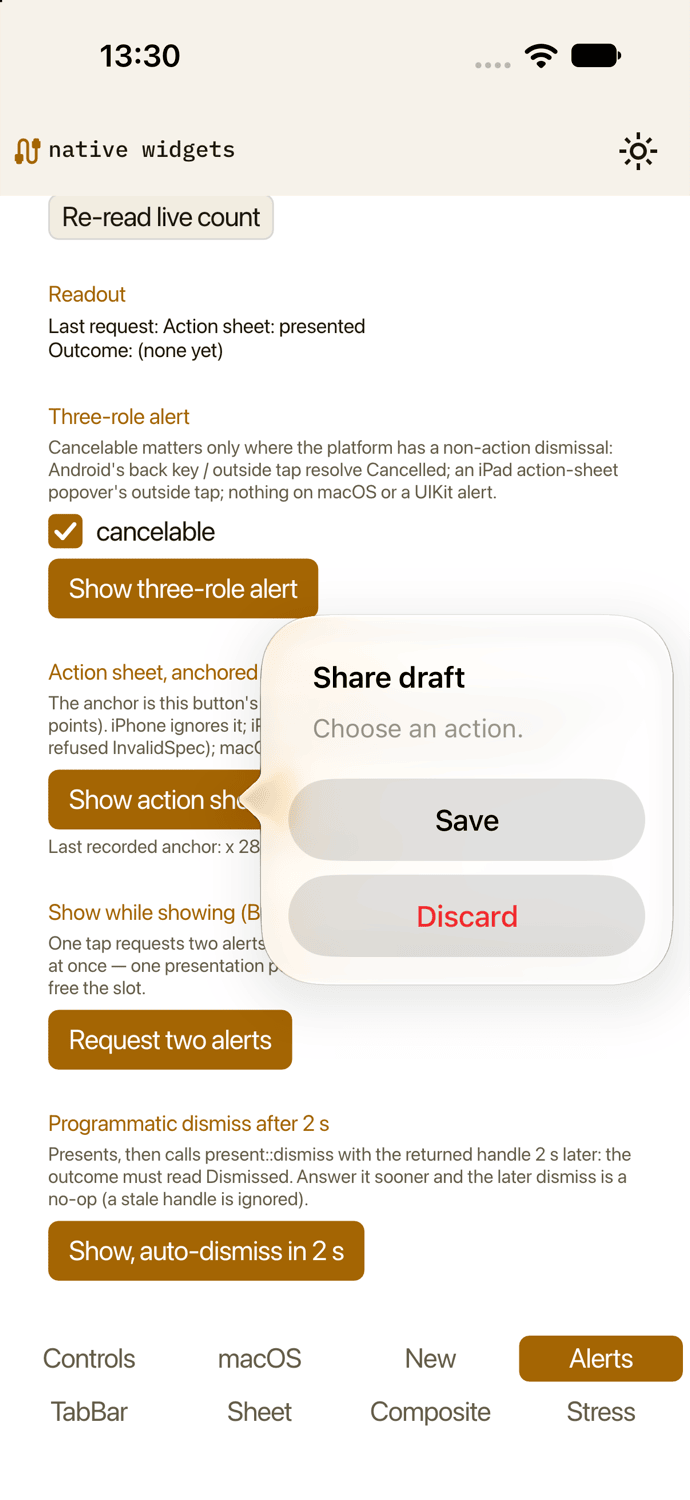 native-widgets-demo: a native action sheet anchored to its button