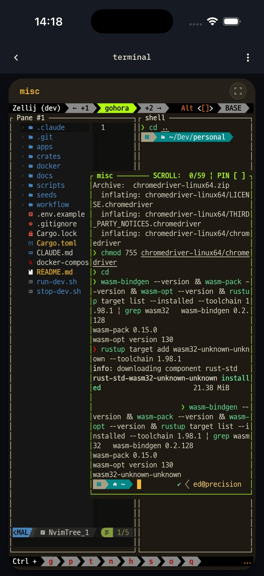 muxr: a zellij session with a file tree and two shell panes