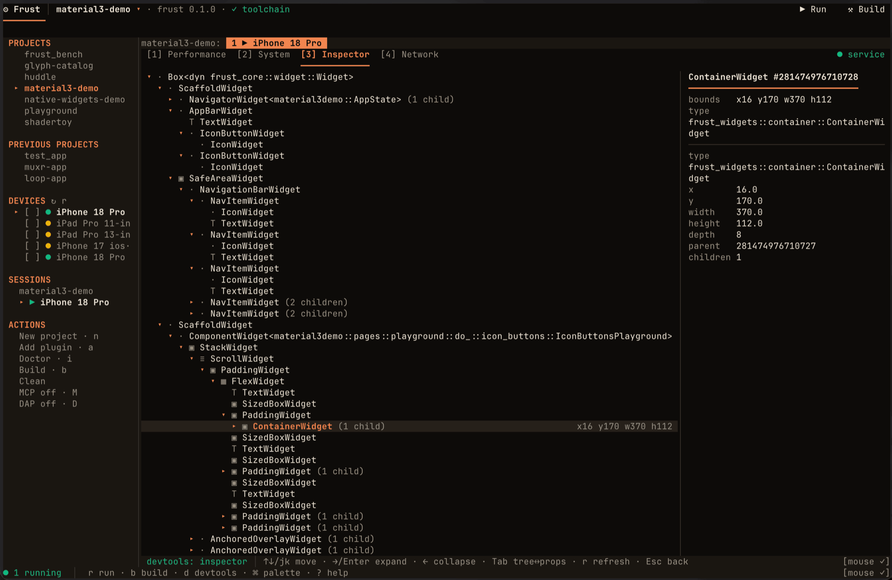 frust TUI: DevTools widget inspector