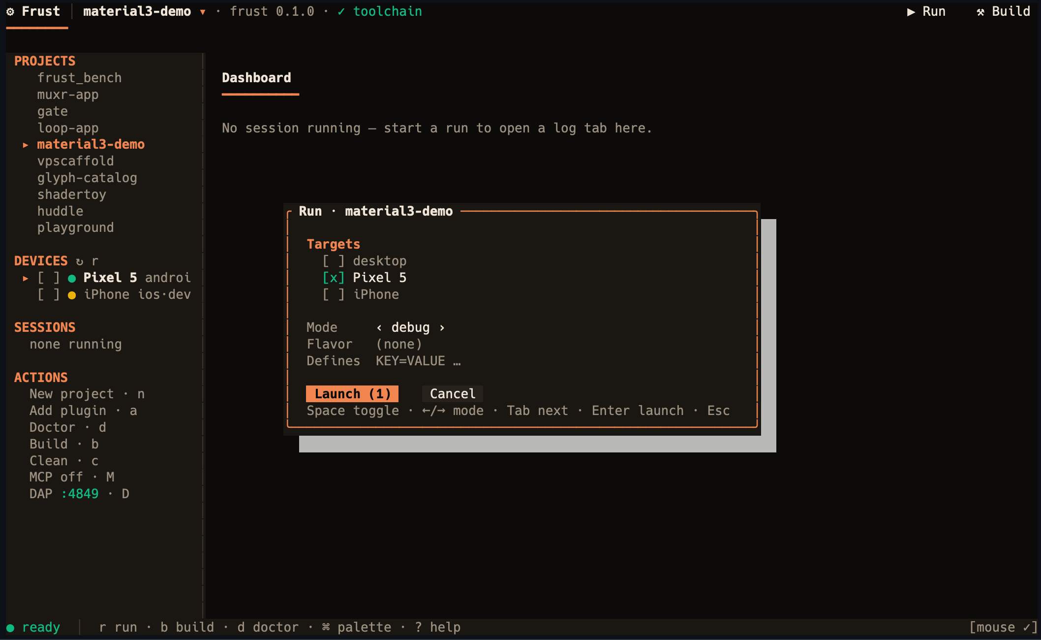 frust TUI: run configuration dialog