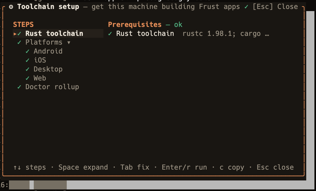 frust TUI: toolchain setup wizard