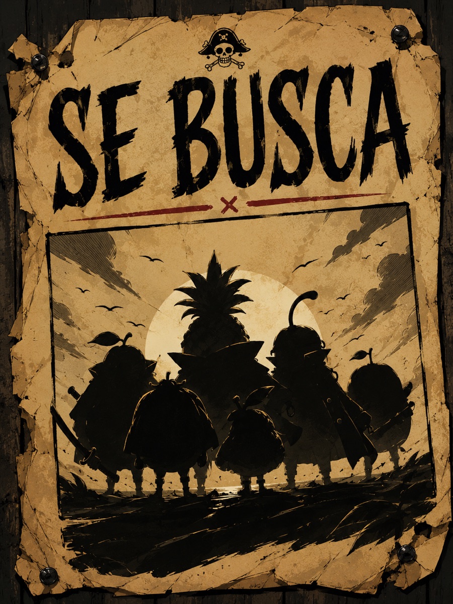 Cartel de recompensa estilo pirata con las siluetas de las frutas de Frutero: se buscan builders.