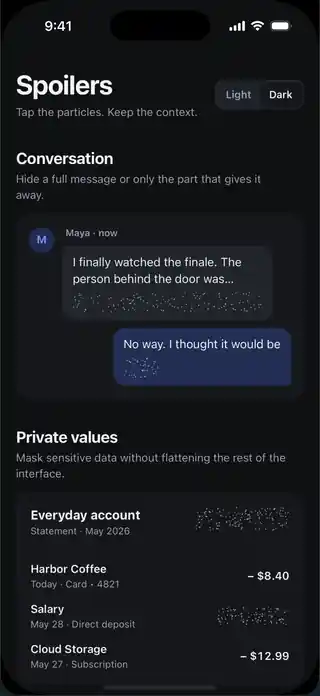 Spoiler particles concealing chat messages and values in a bank statement