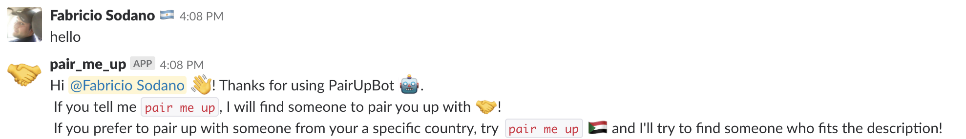 Response to hello command from slack bot
