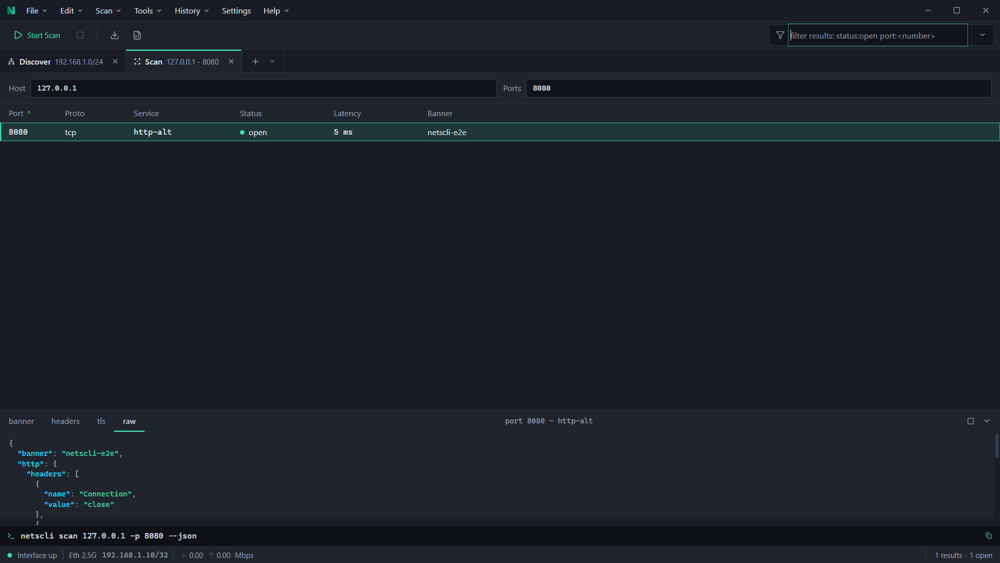 Desktop app showing port scan results