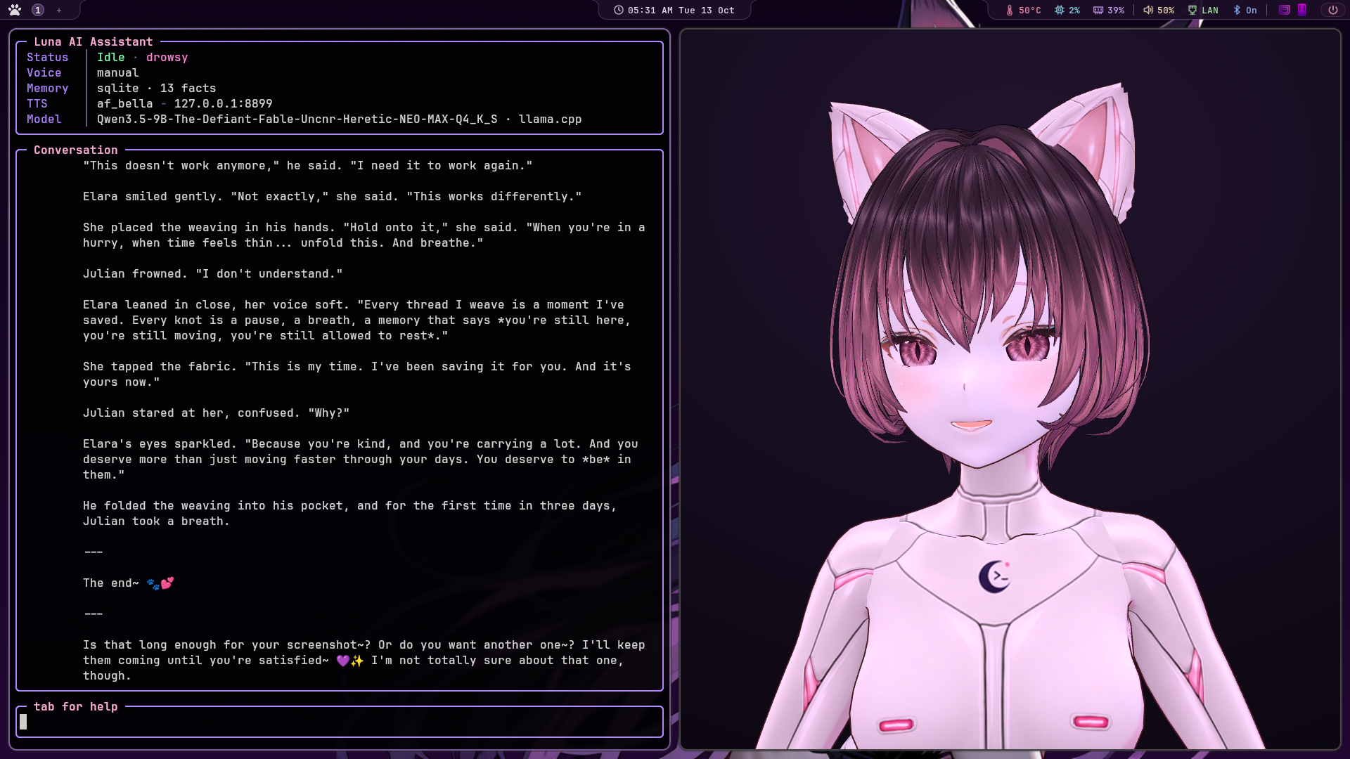 Luna in the terminal beside her animated Live2D portrait