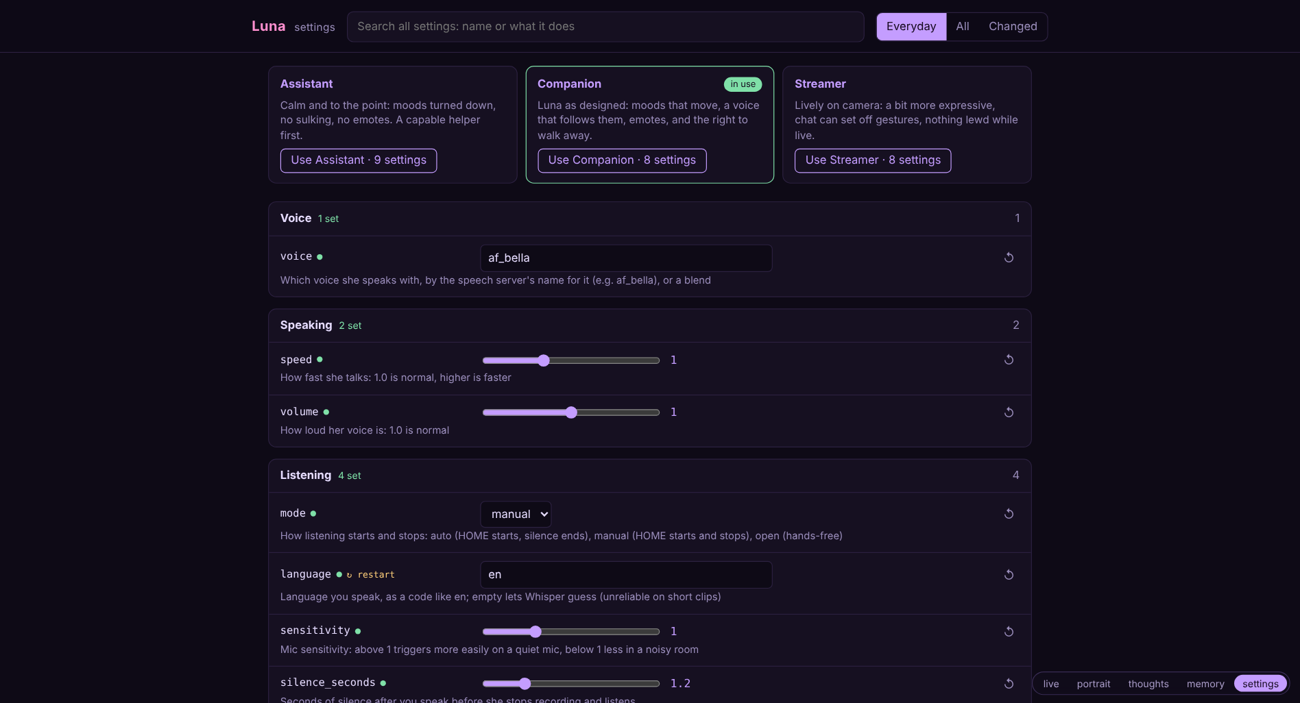 The settings page: presets at the top, then each setting with a switch, slider or box and a line saying what it does