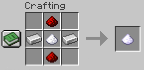 Crafting Recipe: Top and bottom row in the middle redstone dust, middle row left and right iron ingot and in the middle sugar