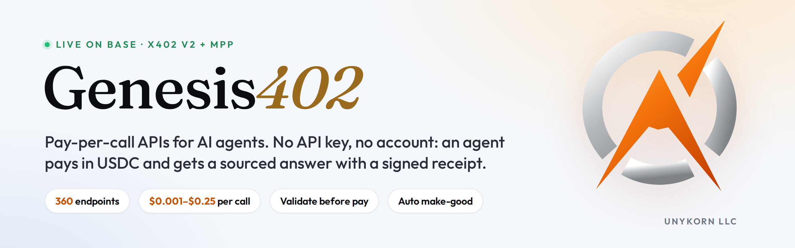 Genesis402 by UnyKorn: pay-per-call APIs for AI agents