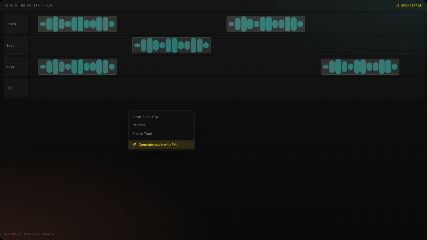Right-click any audio track — Generate music with FXI