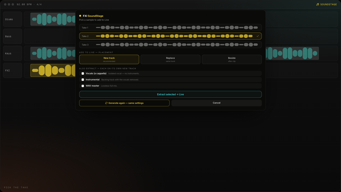 Take picker — audition variants, keep the one that works