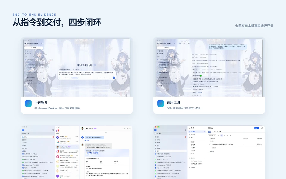 飞书数字员工从 Harness 指令、MCP 调用、飞书回执到任务落地的四步闭环，点击查看完整原图