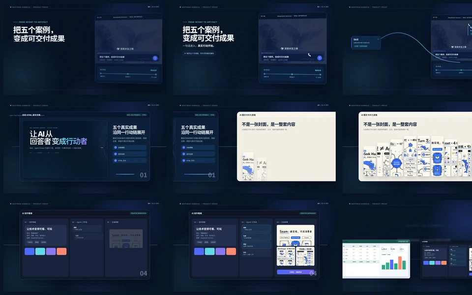 视频生成 Preset 完成的 DeepSeek Harness 产品发布片分镜联系表，点击查看完整原图
