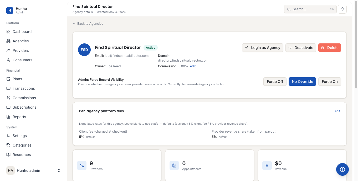 Agency detail page showing Login as Agency button