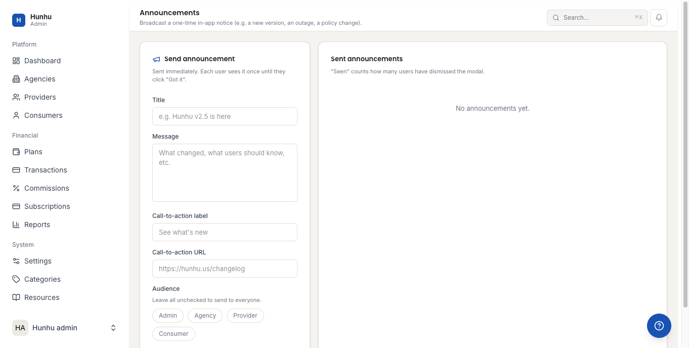 Admin announcements list