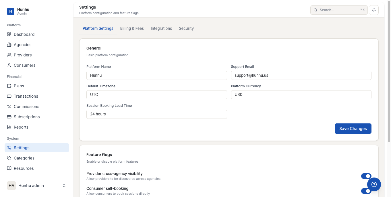 Admin platform settings