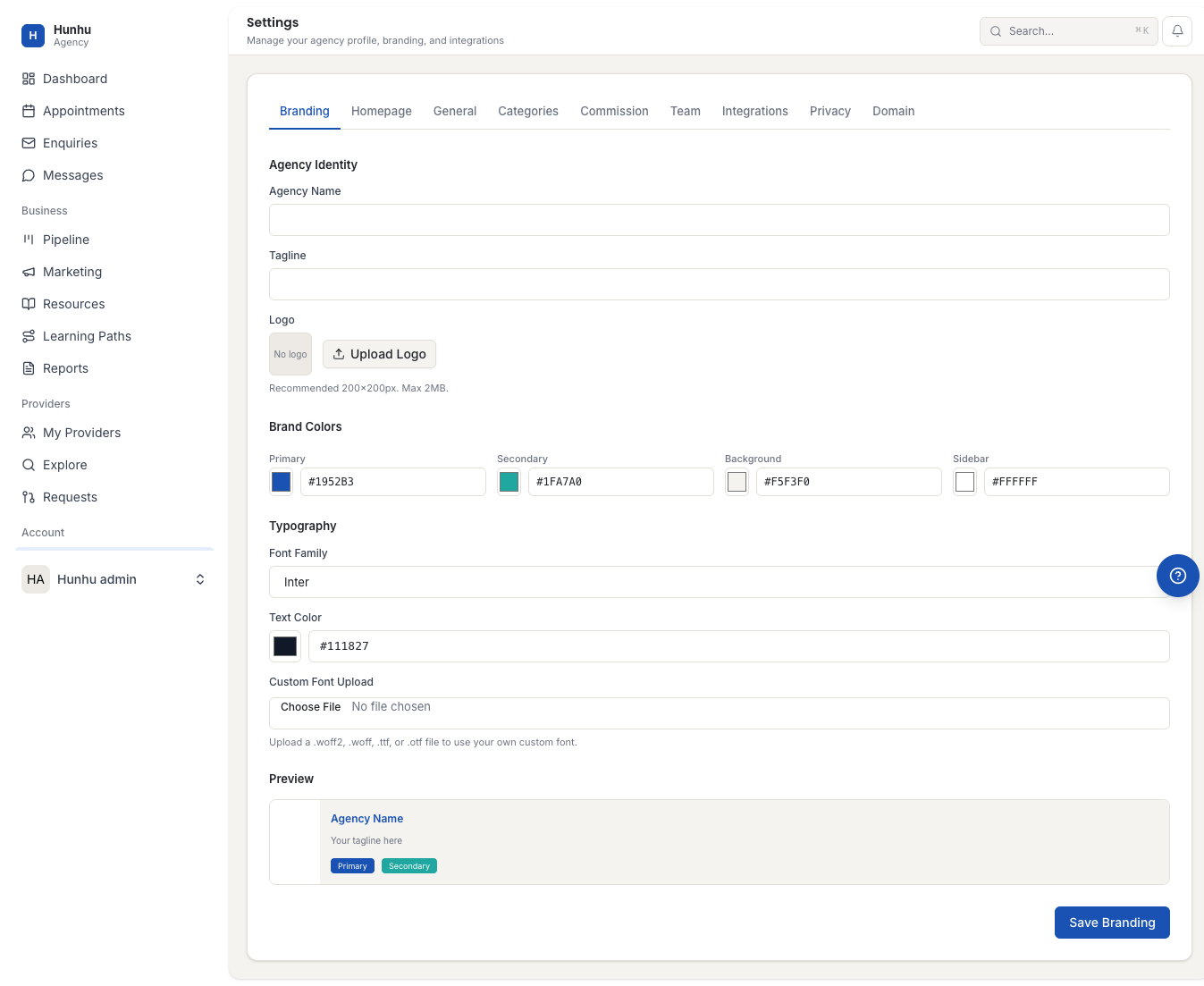 Agency branding and white-label settings