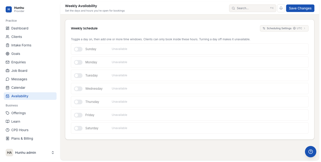 Weekly Availability page