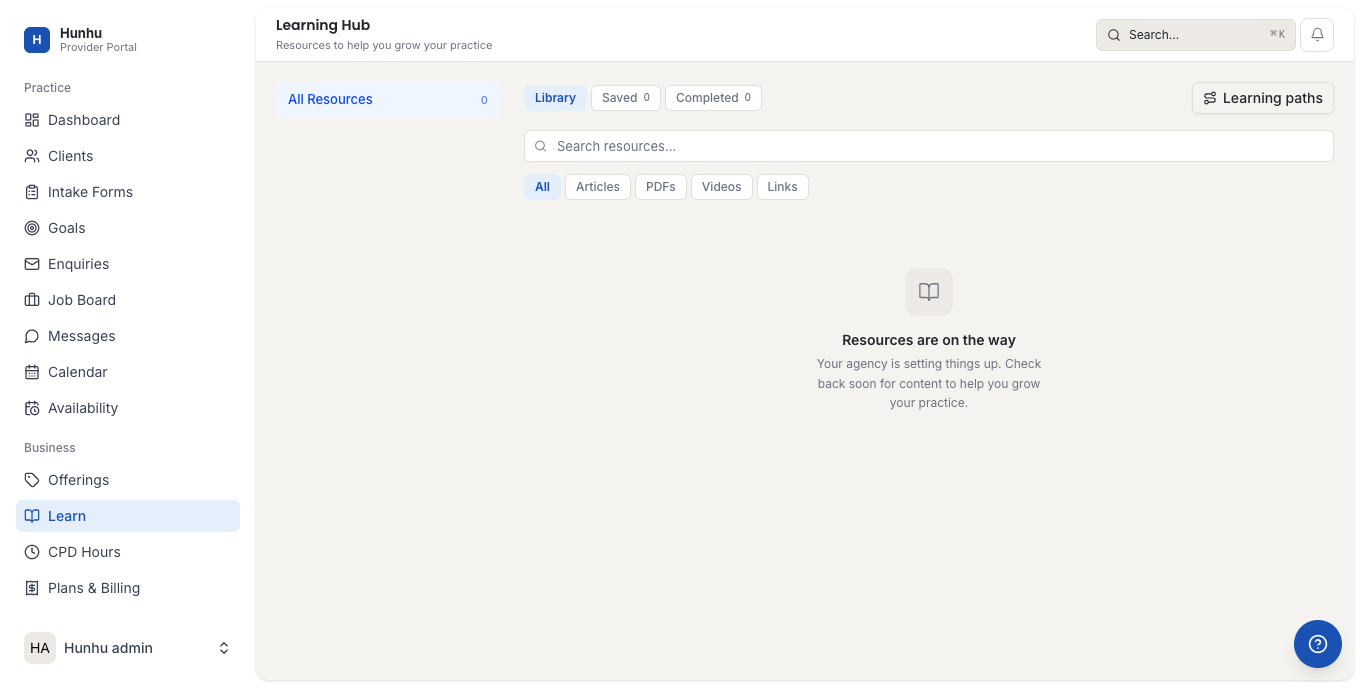 Provider learning hub with content library