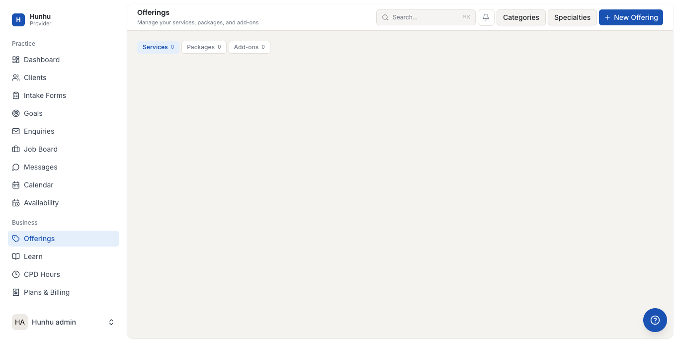 Offerings page with Services, Packages, and Add-ons tabs