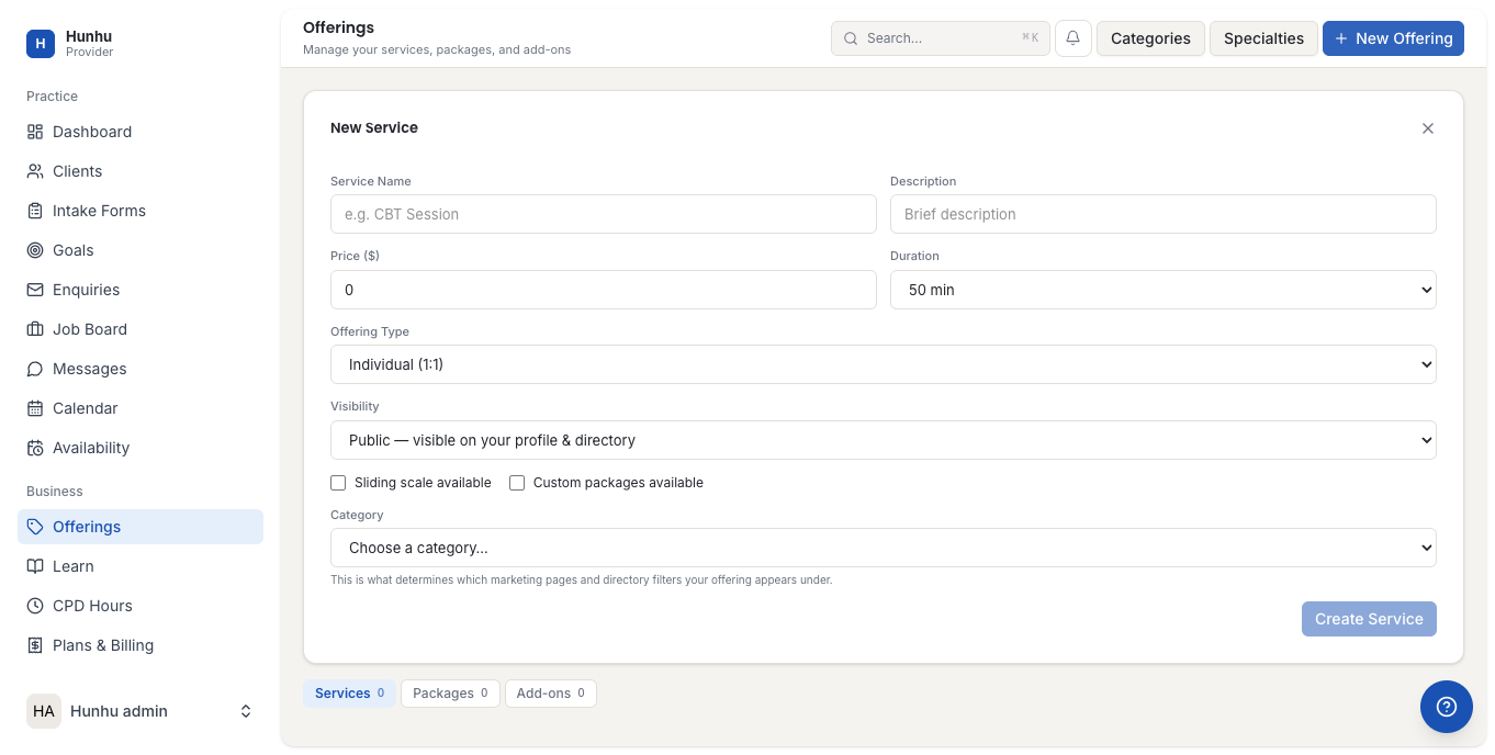 New service form with all fields