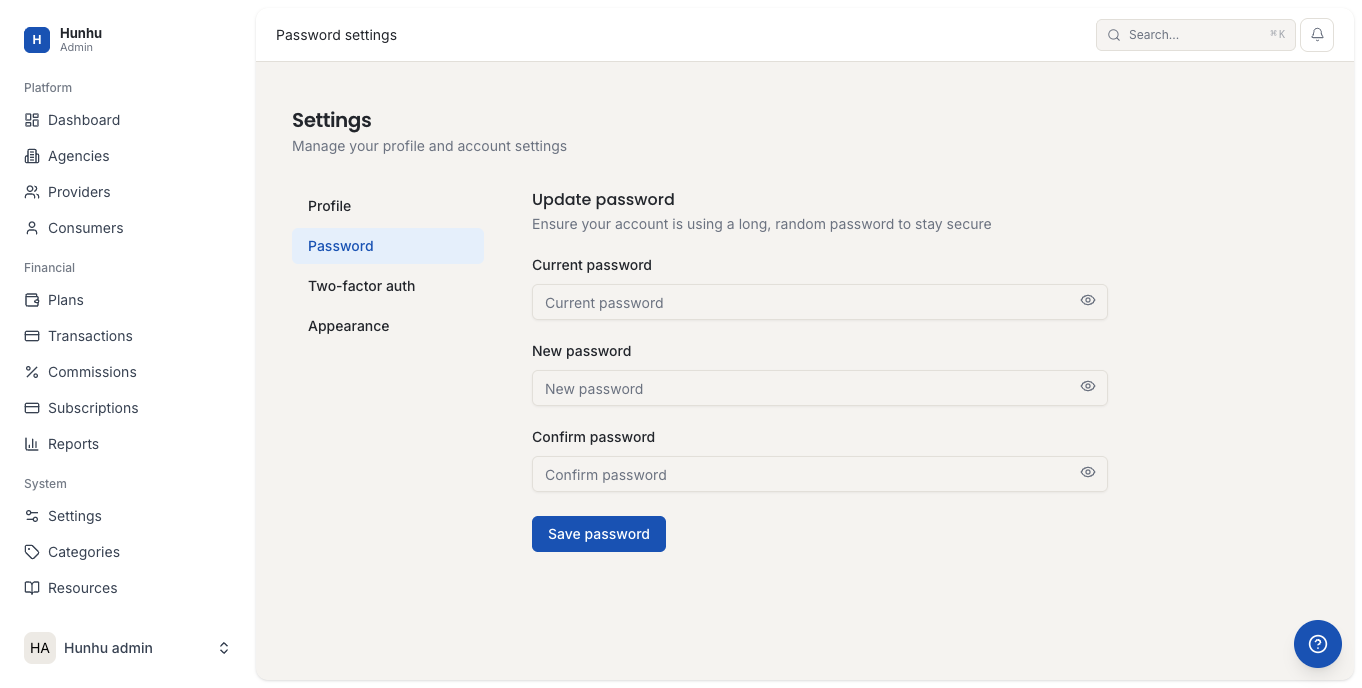 Account settings password tab