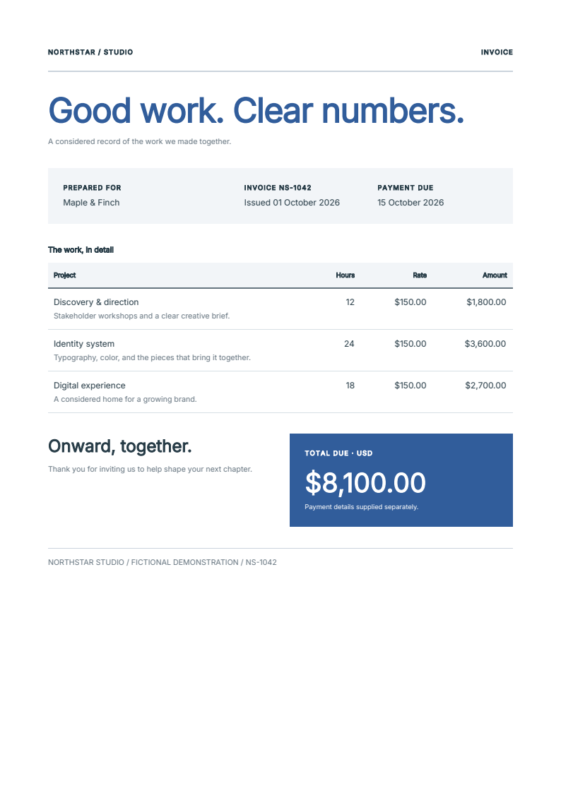 An experimental component-authored invoice with customer fields, formatted table columns and a blue total panel.