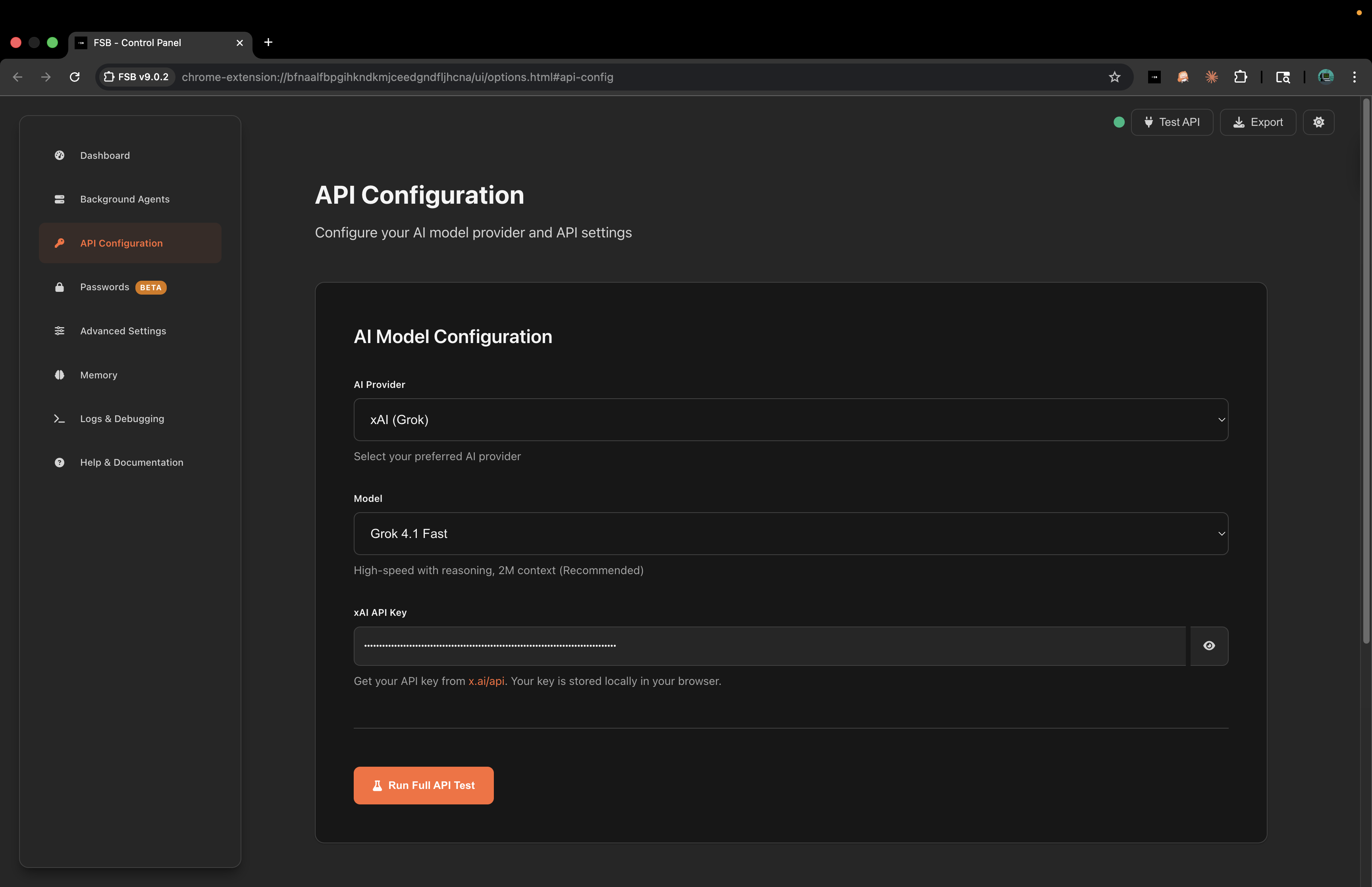 API configuration panel with provider selection and key entry