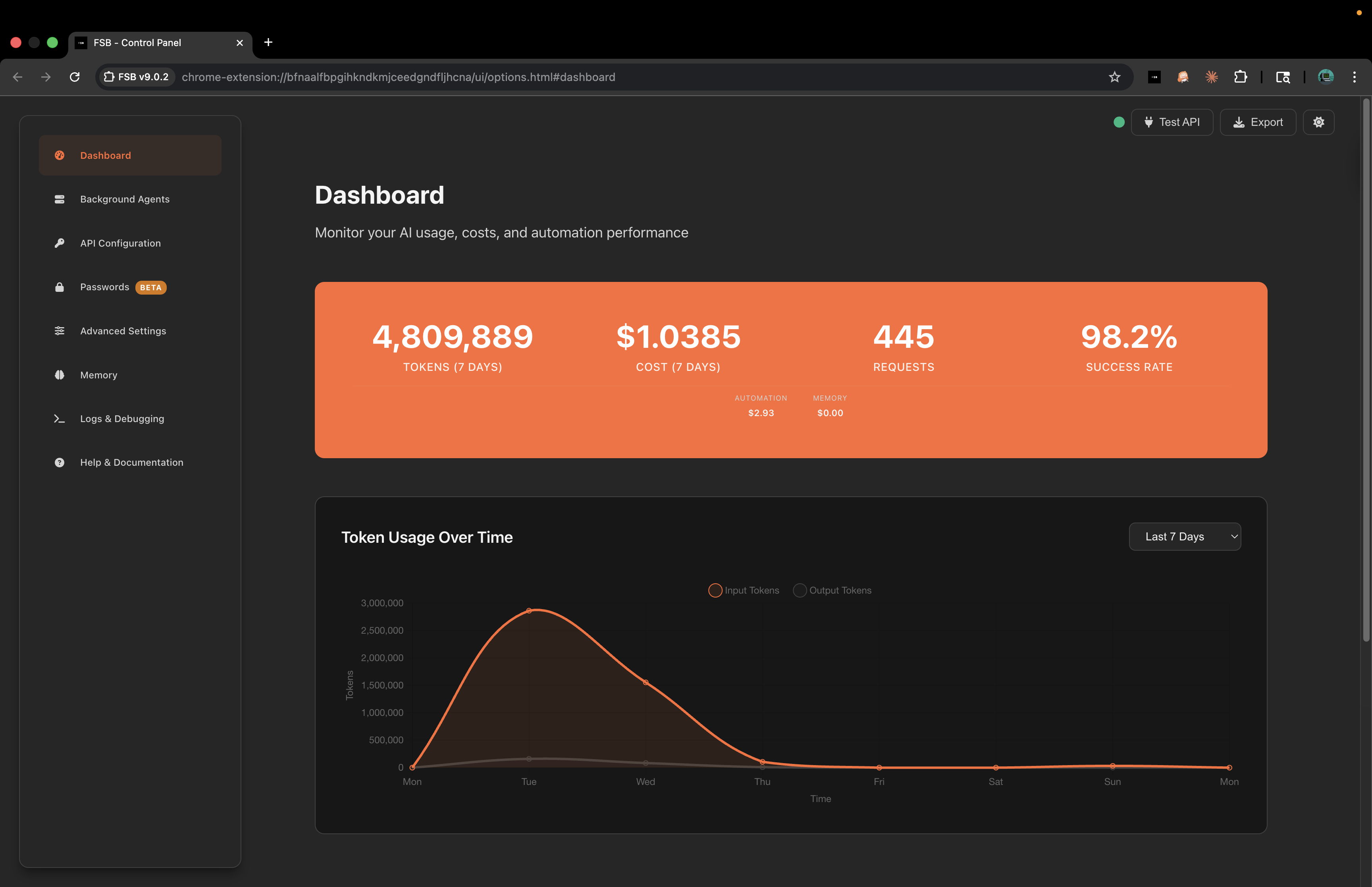 Options dashboard showing token usage charts and cost breakdown by model