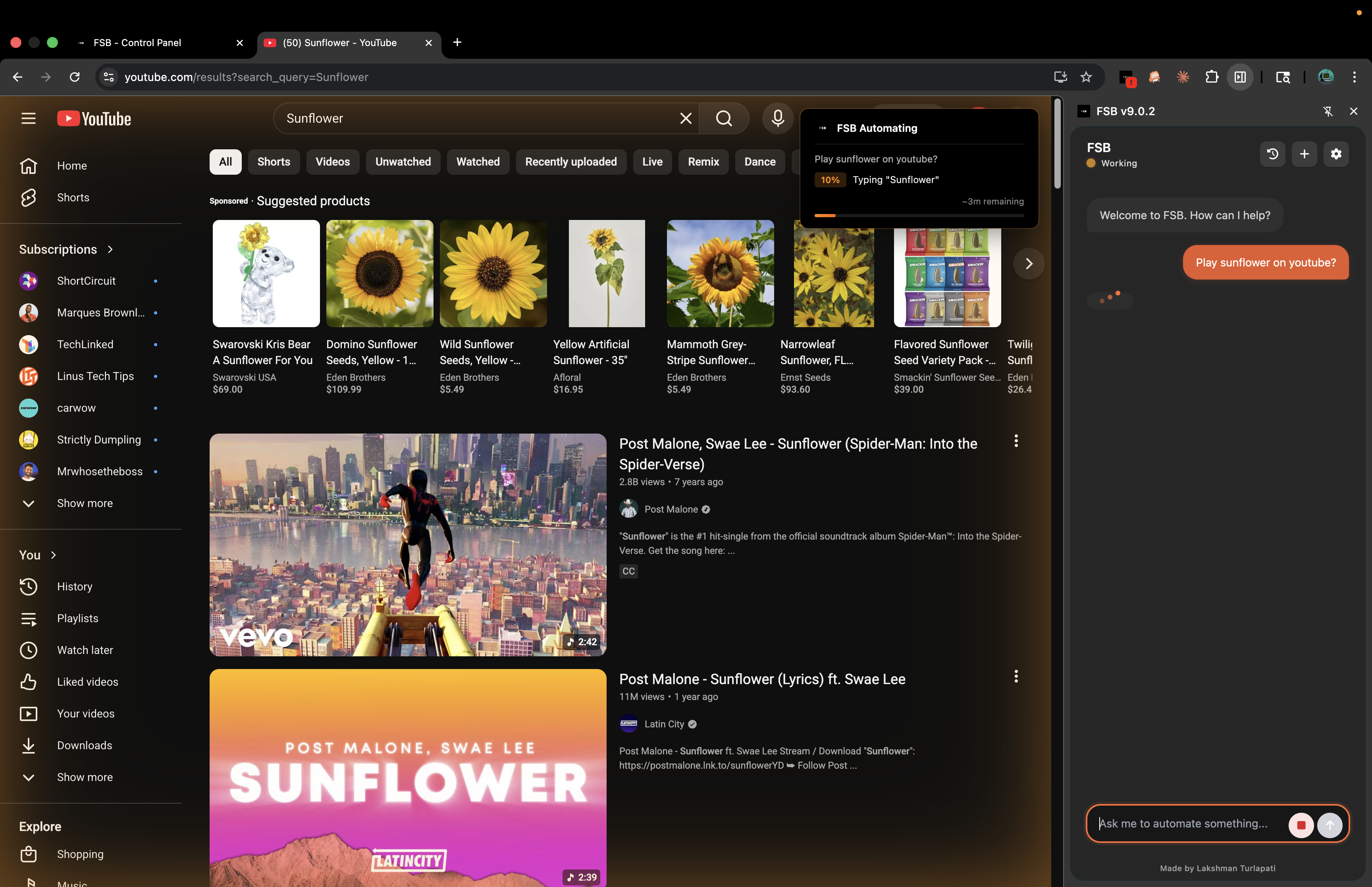 FSB automating YouTube search, typing Sunflower