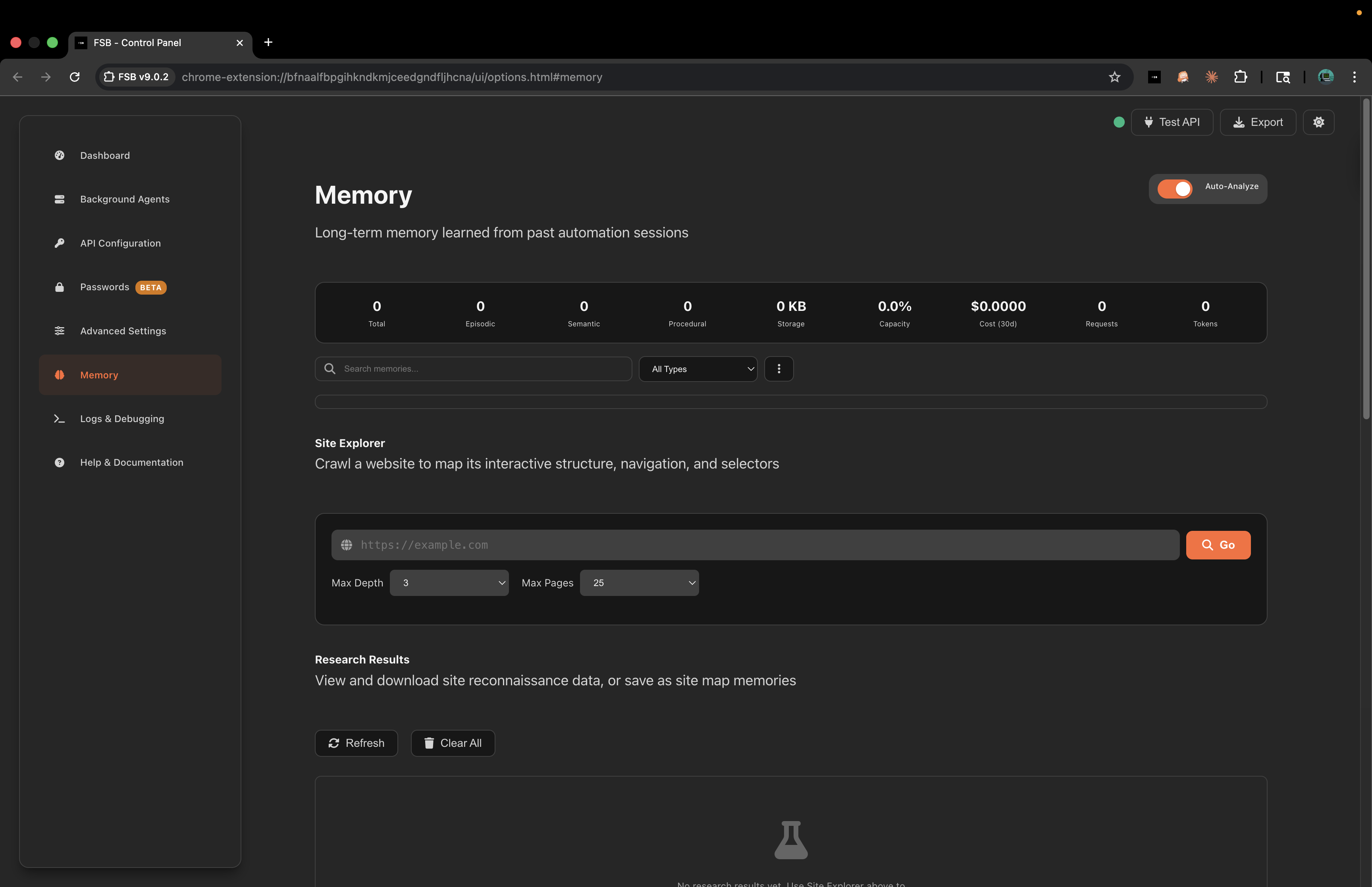 Memory viewer and site explorer showing crawled site structure