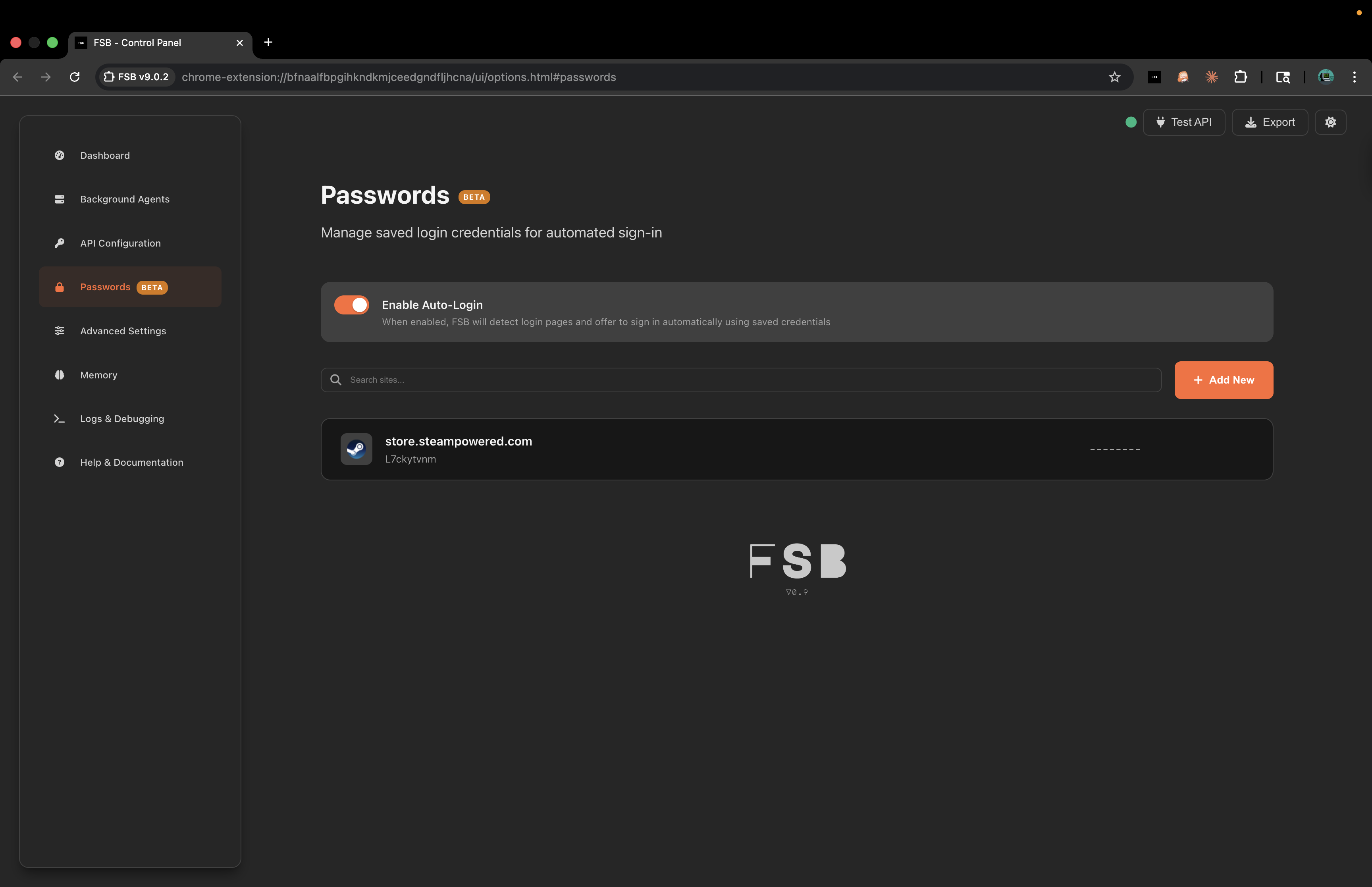 Passwords manager for storing site credentials used during automation
