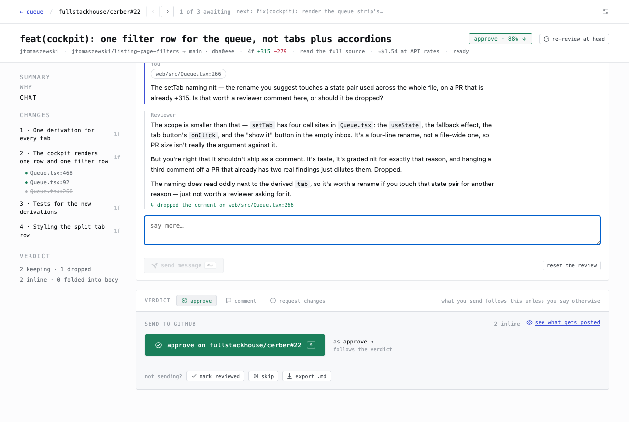 Talking to the reviewer: pushed back on a nit, it re-checks the code, corrects the push-back's own claim, drops the comment anyway — and the revision is noted right in the transcript.
