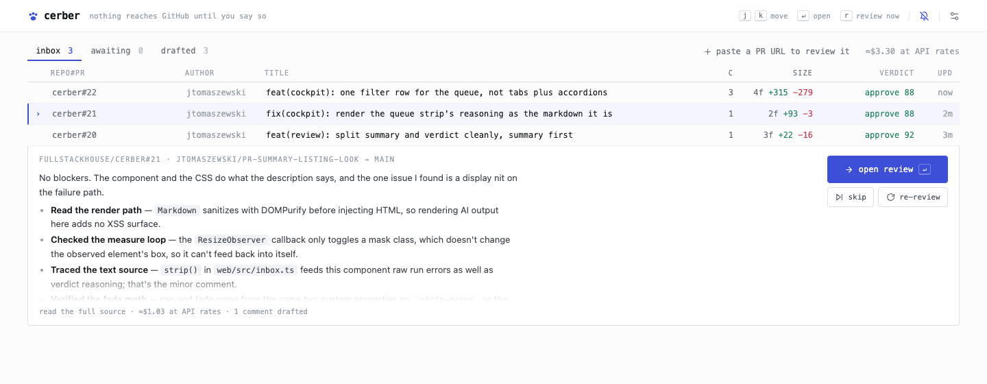 The queue: three drafted reviews, each with a verdict and confidence in its row; under the cursor, a strip quotes the selected review's own reasoning so it can be judged without opening it.