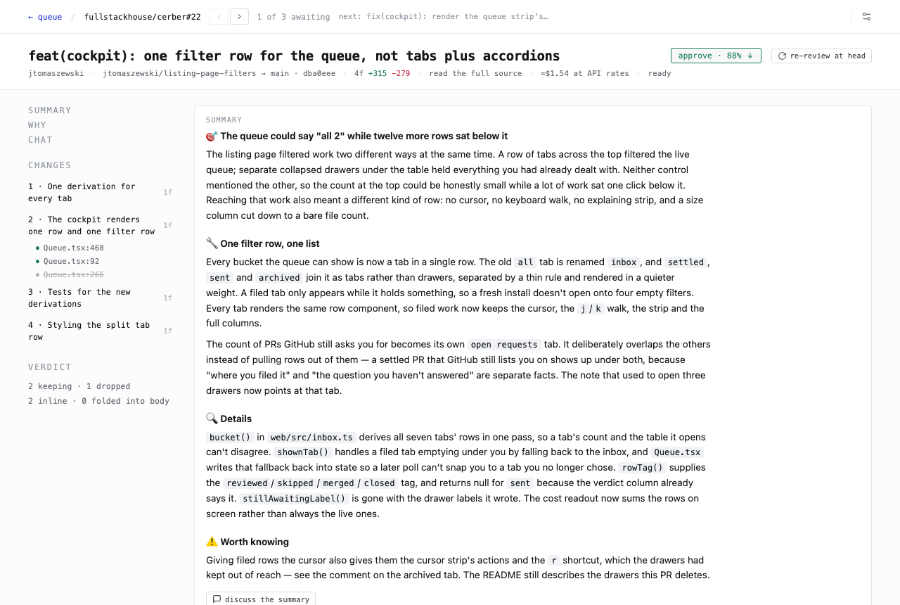 A review opened in the cockpit: the verdict pill by the PR title, a walkthrough rail listing chapters and their comments on the left, and a summary written in sections — problem first, then the fix, then details.