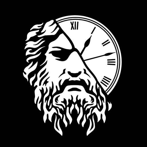 Аватар Хроноса: выполненное в чёрно-белом стиле изображение грозного античного лица полу-человека полу-часов