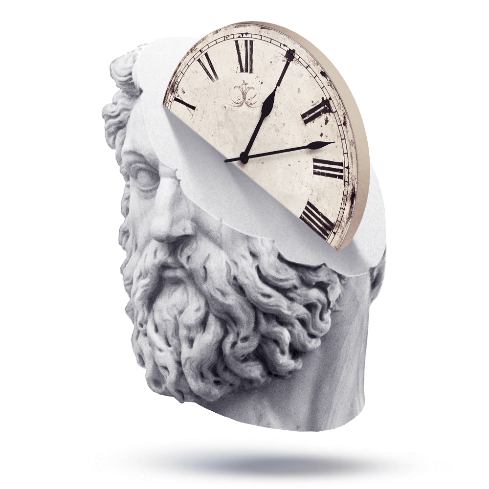 КДПВ Хроноса: высеченное в камне грозное античное лицо полу-человека полу-часов