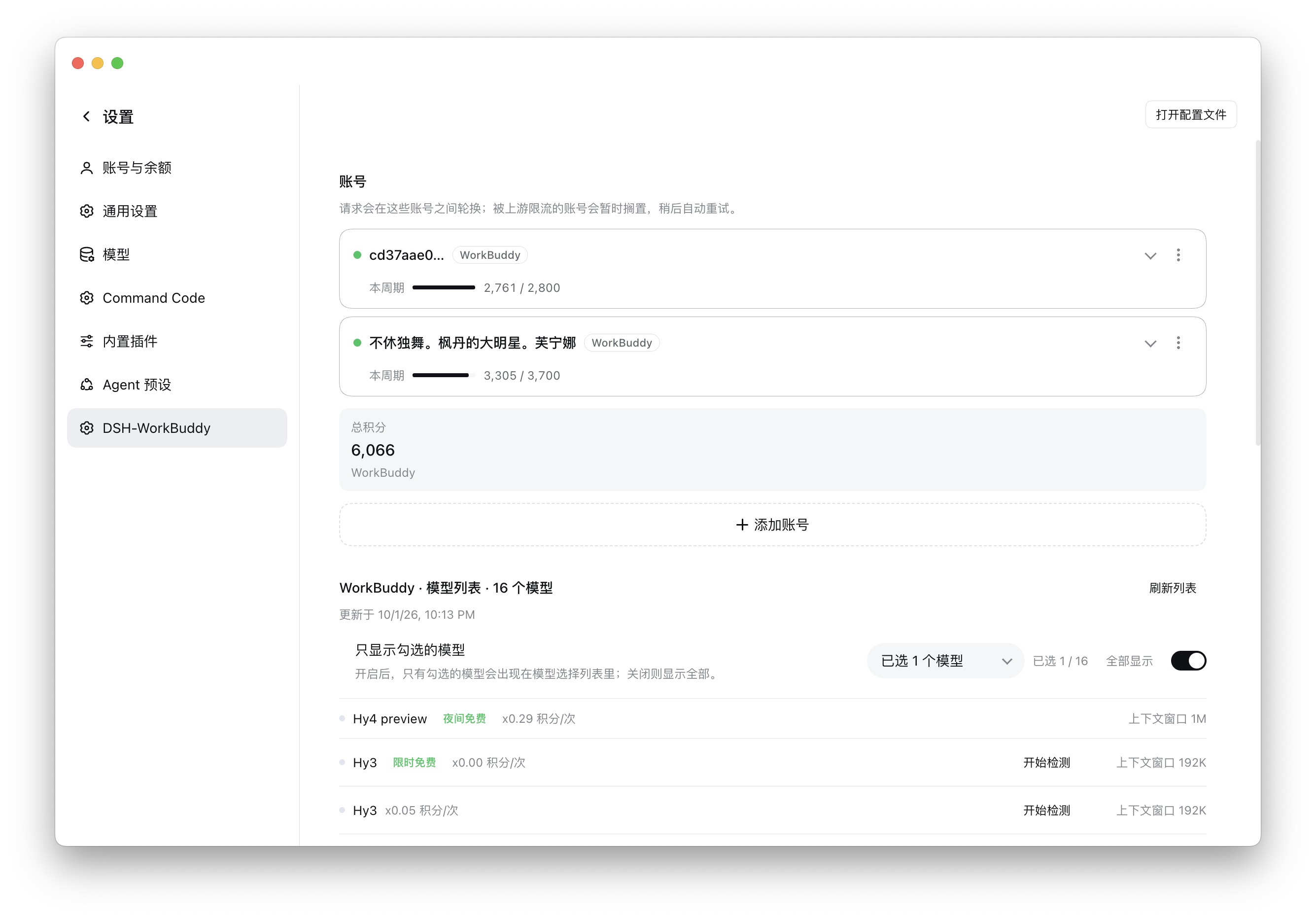 设置页：多账号、周期额度、模型列表