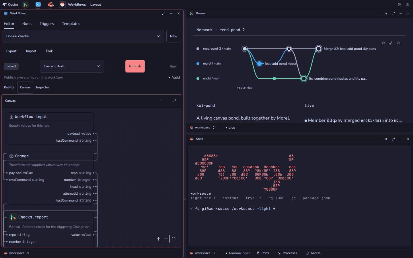 The Tourtois desktop on Oyster with three Apps tiled: Trellis editing the Bonsai checks graph, Bonsai drawing a repository's network of agent forks, and Shed's terminal on the Computer