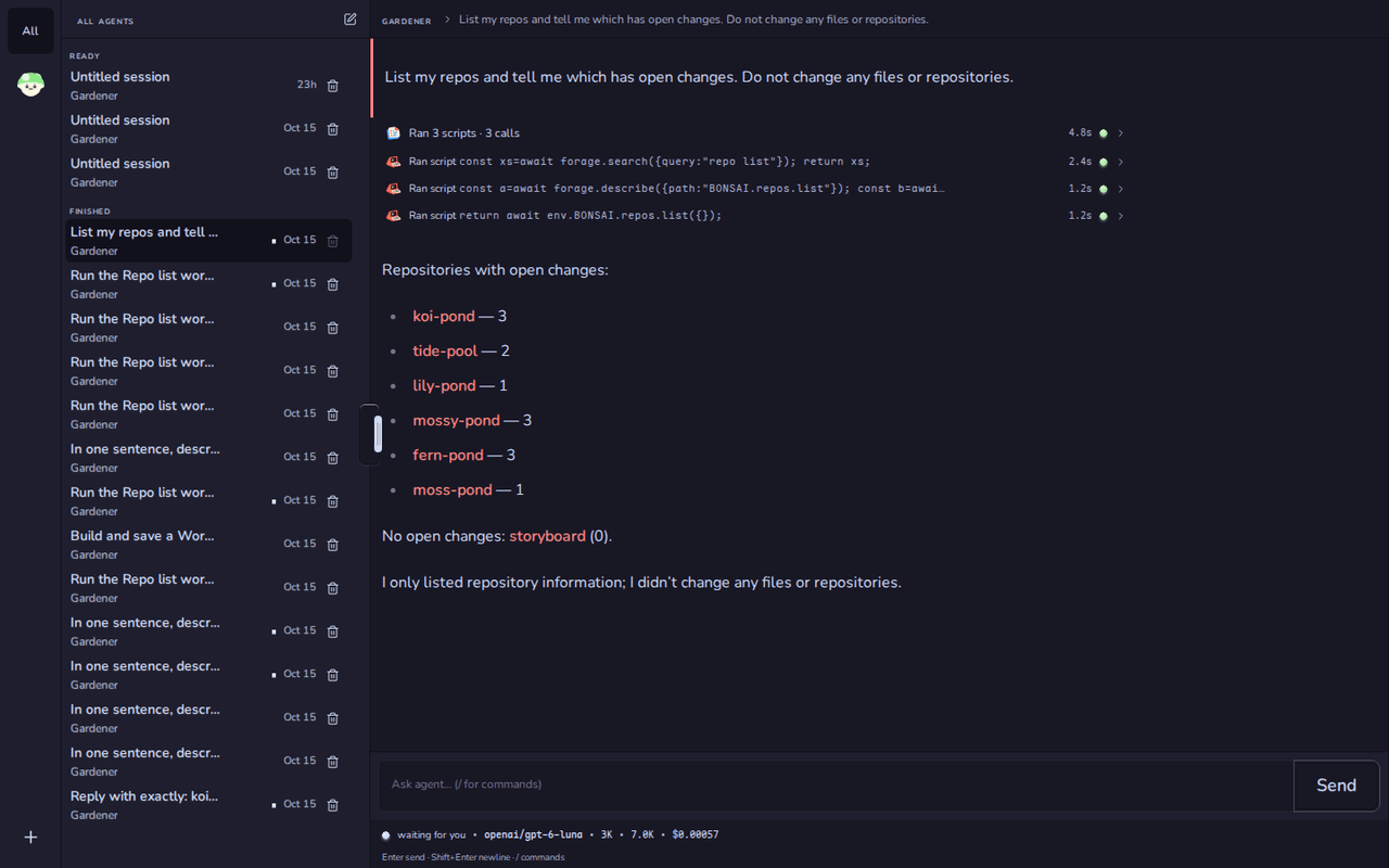 Grove: the conversation list beside a finished conversation in which the agent ran three scripts against Bonsai and listed the repositories with open changes