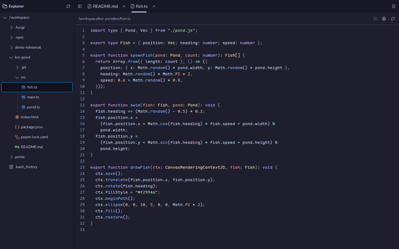 Inkcap with the koi-pond workspace in the explorer and src/fish.ts open beside README.md