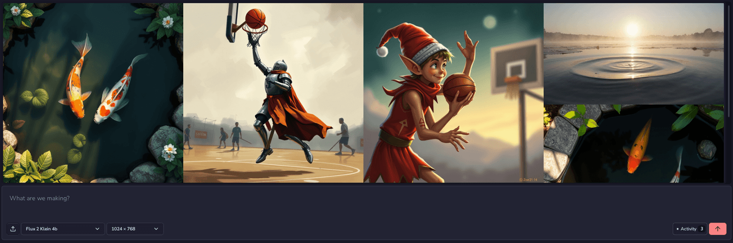 Prints: a gallery of five generated images, two koi ponds, a knight dunking a basketball, an elf holding a basketball and a sunrise over water, above the prompt bar