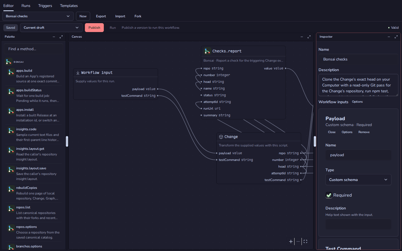 Trellis editor with the Bonsai checks graph: Workflow input, a Change script node and a Bonsai Checks.report step, between the Palette and the Inspector