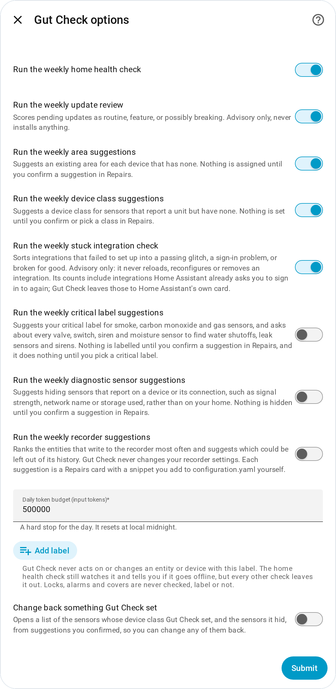 Gut Check options dialog