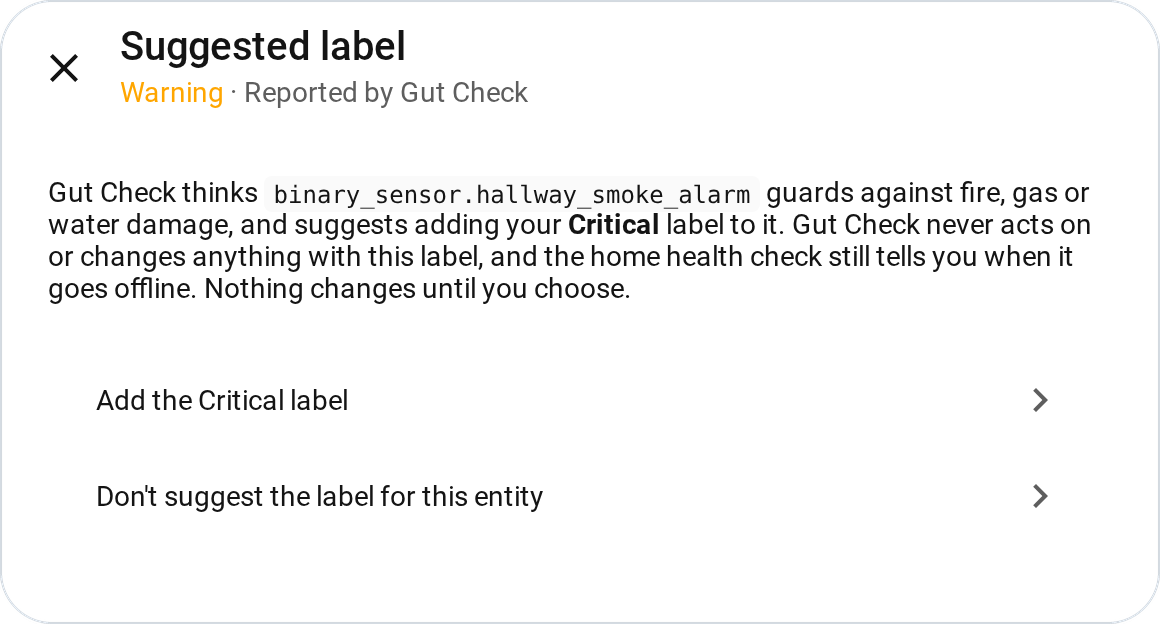 Critical label card, opened