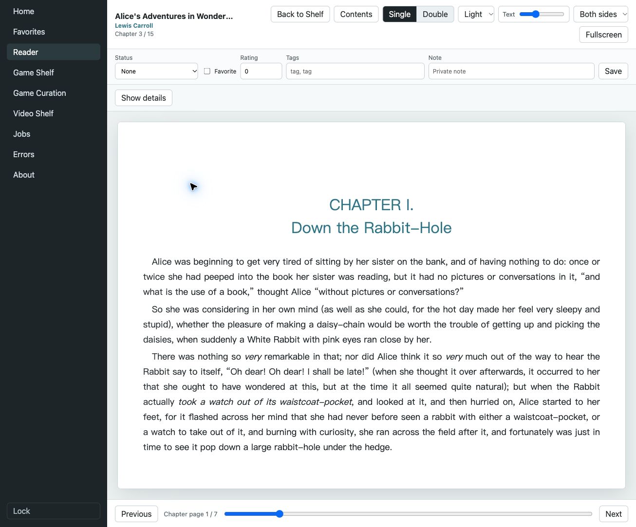 English EPUB reader displaying Alice's Adventures in Wonderland