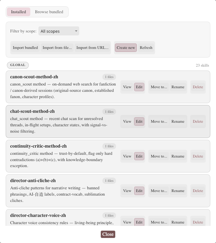 Skill manager with installed and bundled skills
