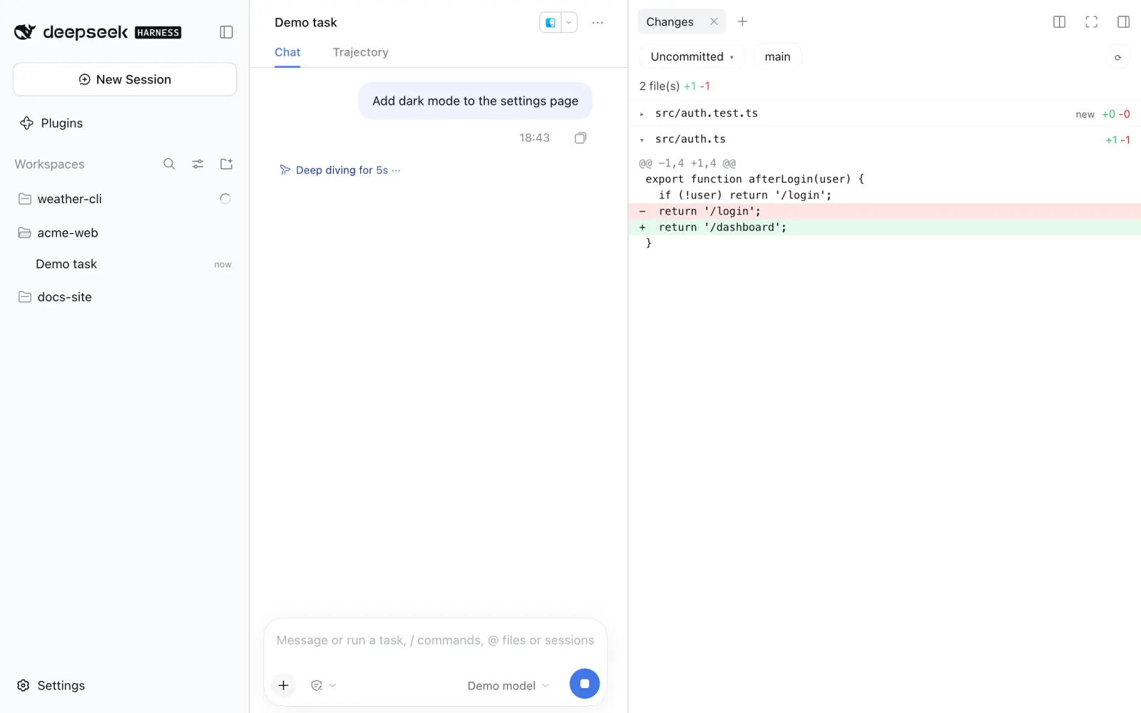 DeepSeek Harness with Composer Plus: the running project shows a spinner in the sidebar and the Changes panel shows a git diff