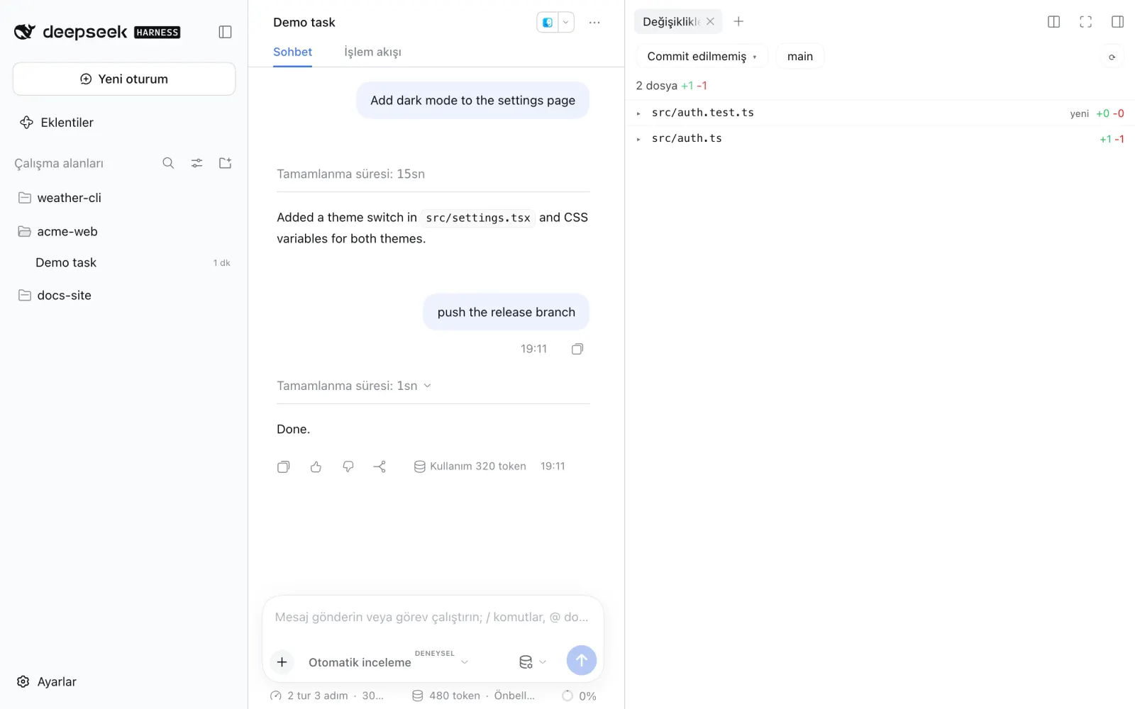 DeepSeek Harness interface switched to Türkçe
