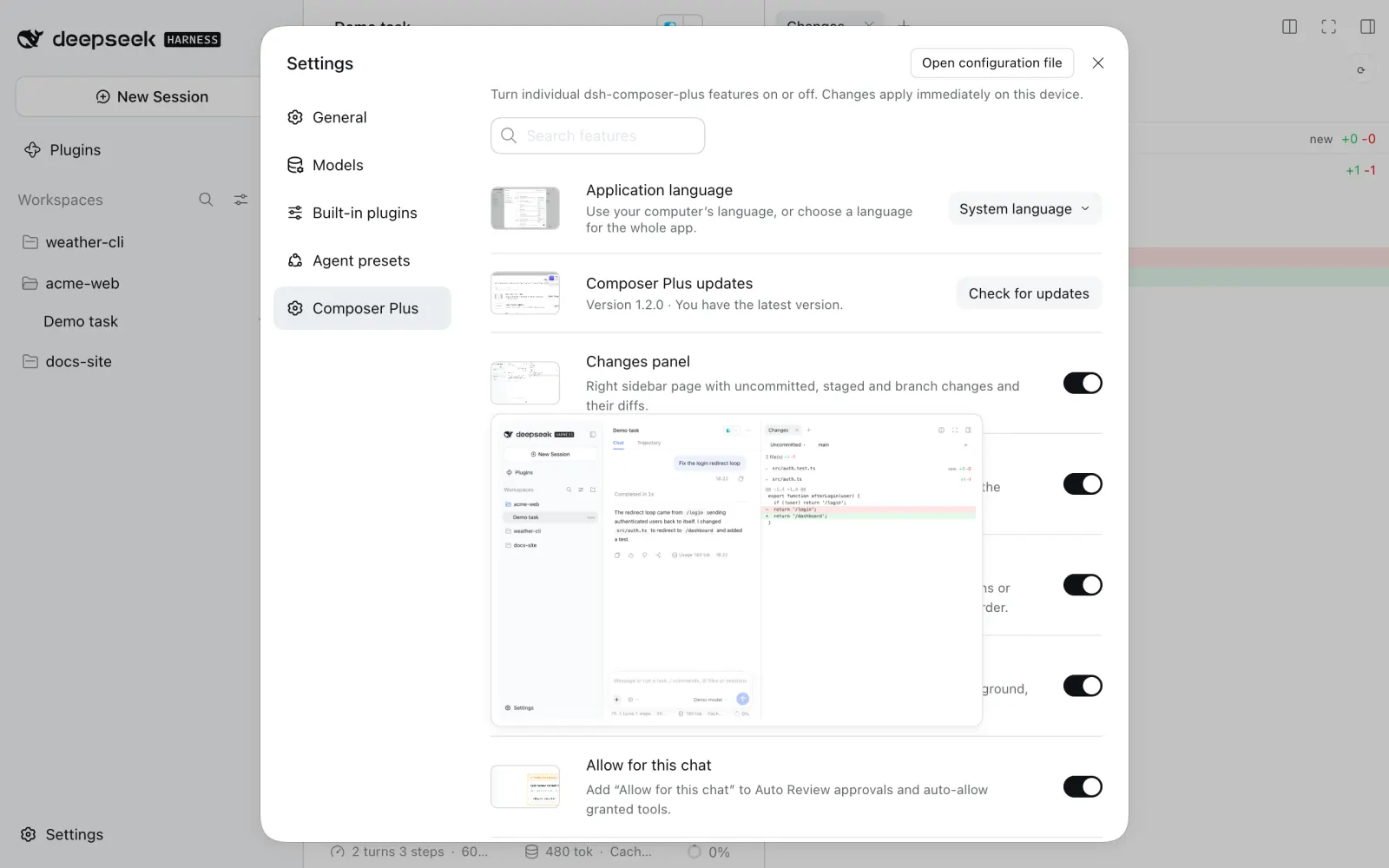 Settings → Composer Plus: feature search, language picker, update row and a switch per feature, with a screenshot preview on hover